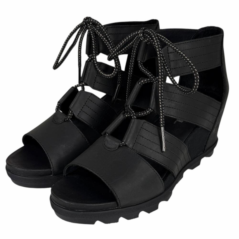 Sorel Joanie II Lace Wedge Sandals Womens 10.5 Black Leather Chunky Gladiator